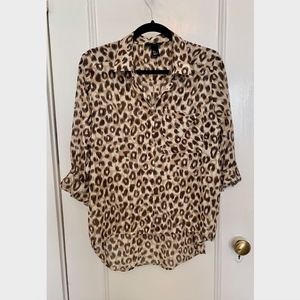 H&M Leopard Print High-Low Chiffon Button Down Sz8
